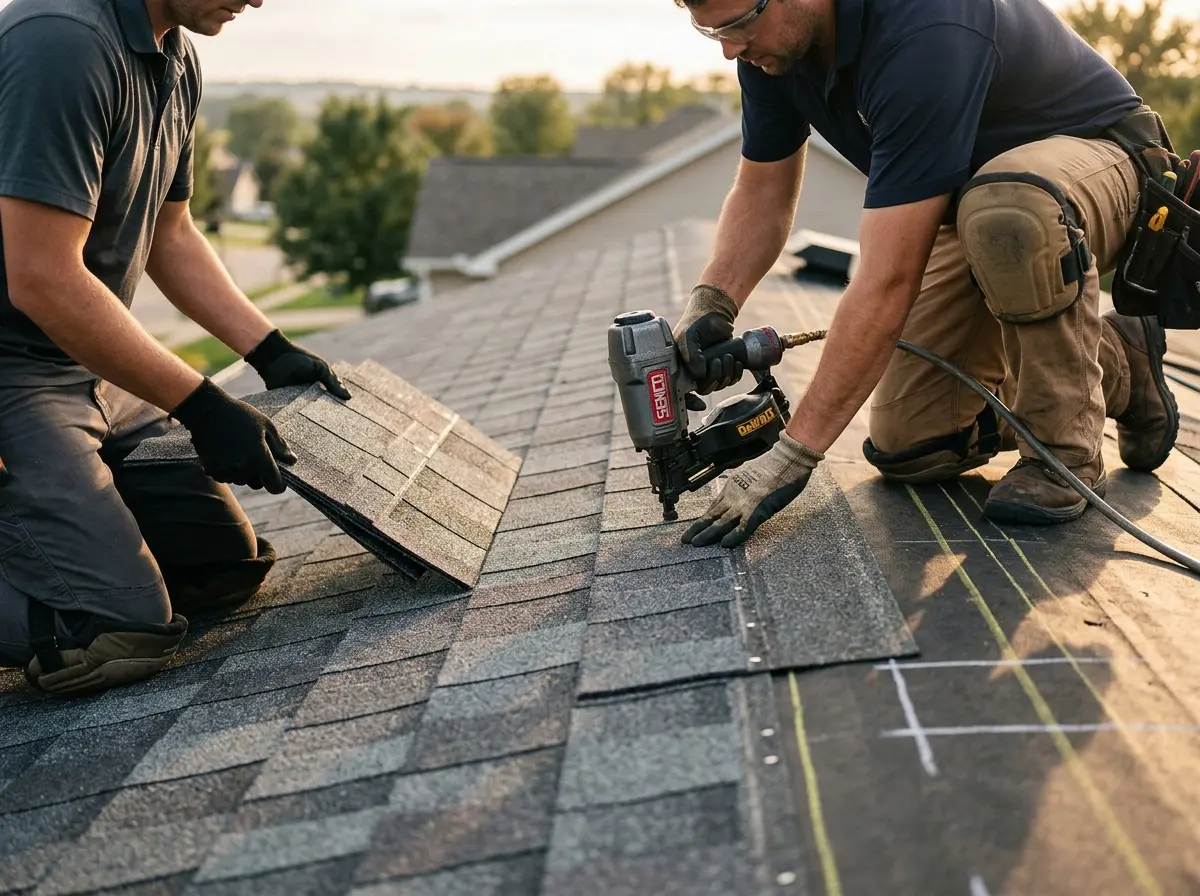 Professional roofer working on a residential roof in Picayune